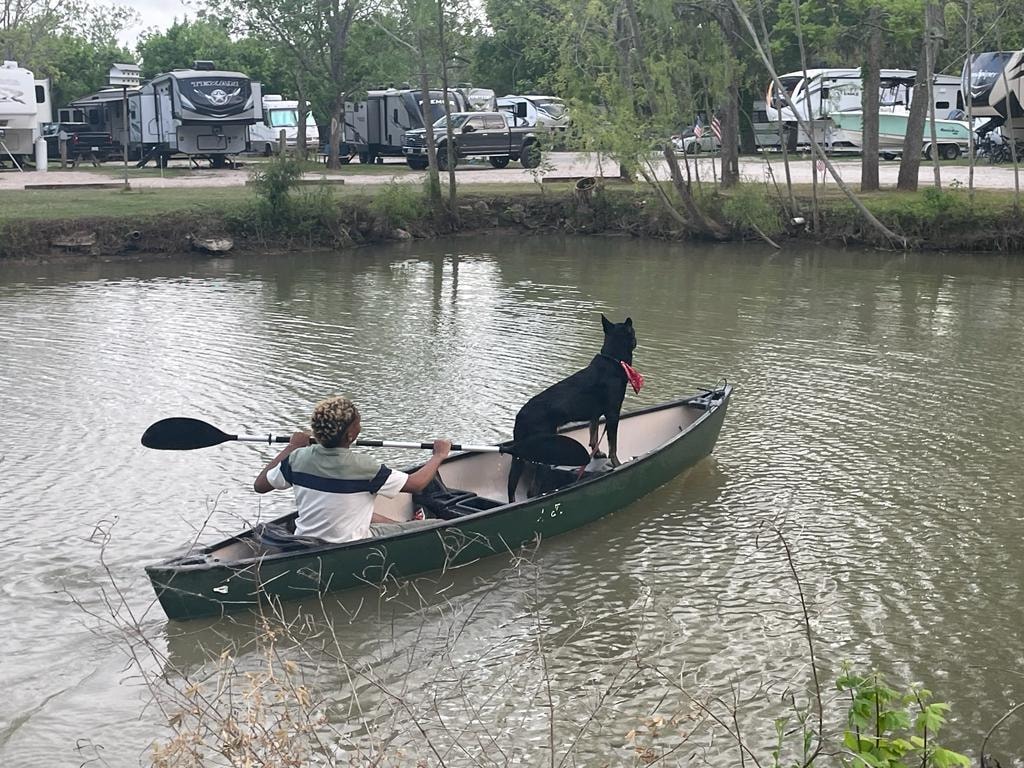 Person paddling canoe with dog on the pond at Sugar Land RV Park