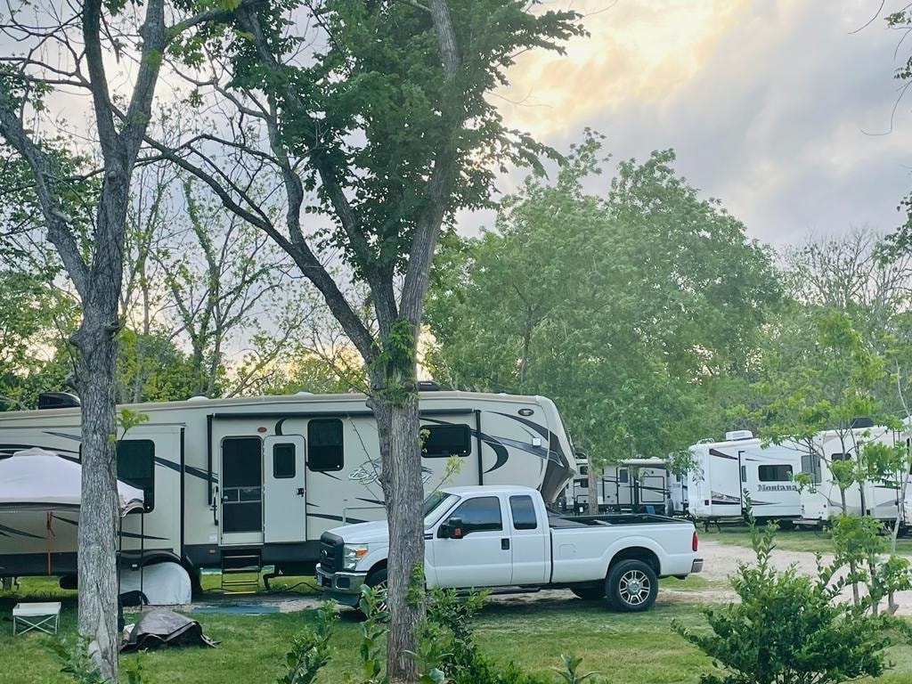 Multiple fifth-wheel RVs and trucks parked among trees at dusk at Sugar Land RV Park
