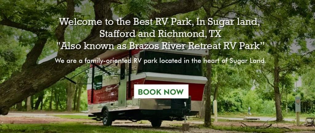 Welcome to Sugar Land RV Park — red motorhome under oak trees with Book Now button